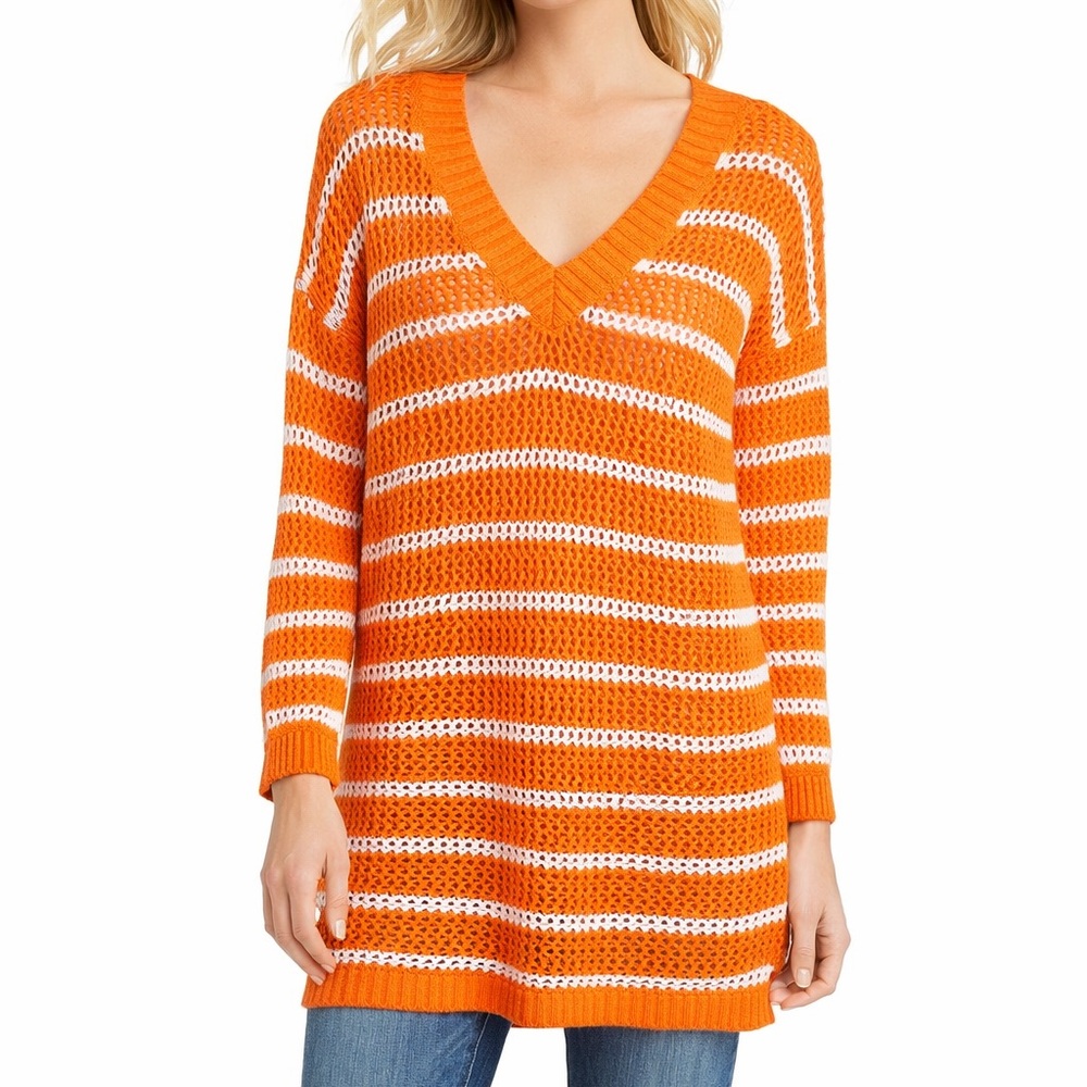 Talbots Orange White Stripes Cotton V-Neck Tunic Sweater